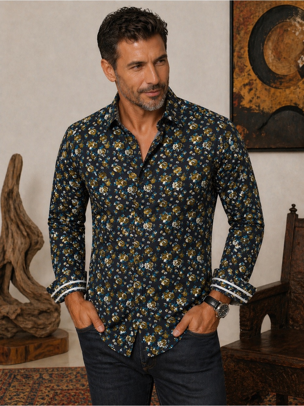 Robert Graham Floral Button Down Shirt Men’s XL Tailored Fit Navy